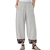 Maiyifu-GJ Women's Printed Linen Wide Leg Pants Summer Elastic Waist Beach Harem Trousers Lightweight Cropped Bottoms Pants (Light Grey,Medium)