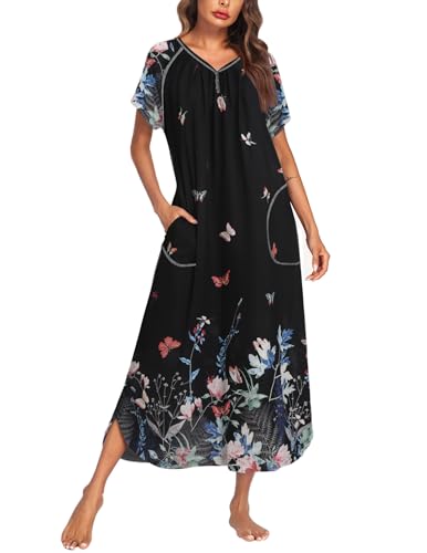 Image of Ekouaer Long Nightgown Women's Loungewear Short Sleeve Sleepwear Full Length Sleep Shirt with Pockets