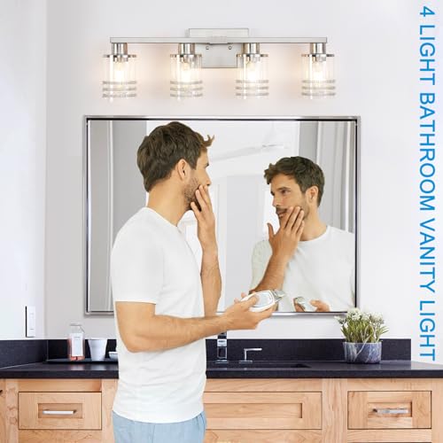 Image of YYT Brushed Nicekl Bathroom Light Fixtures 4 Light Bathroom Vanity Light Brushed Nicekl Vanity Lights for Bathroom with Clear Glass Shade