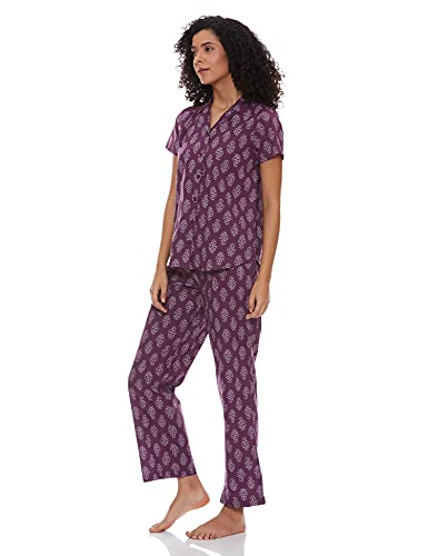 Image of Amazon Brand - Myx Women Cotton Shirt and Relaxed Pajama Set Night Suit Set (Available in Plus Sizes)