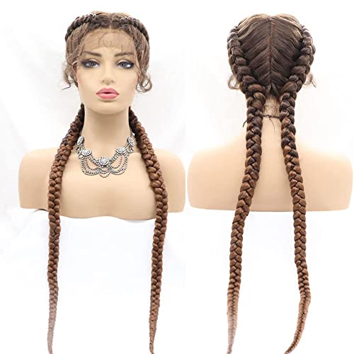 Xiweiya 32" Braided Copper Brown Lace Braid Wig 2 Double Twist Braided Add Human hand Crochet Golden Brown Lightweight Synthetic Hair Wig Natural Hairline for Black Women