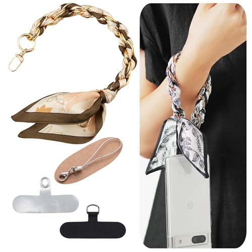 [oioiso] スマホストラップ 手首 シュシュ ハンドストラップ おしゃれ かわいい 落下防止 ストラップホルダー 韓国 レディース 女性 携帯ストラップ スマホアクセサリー 手ぶら 紐 (L.クラシックカーキＸ紅葉, 34cm)