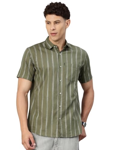 Image of Majestic Man Men's Pure Cotton Striped Half Sleeve Slim Fit Casual Shirt for Men