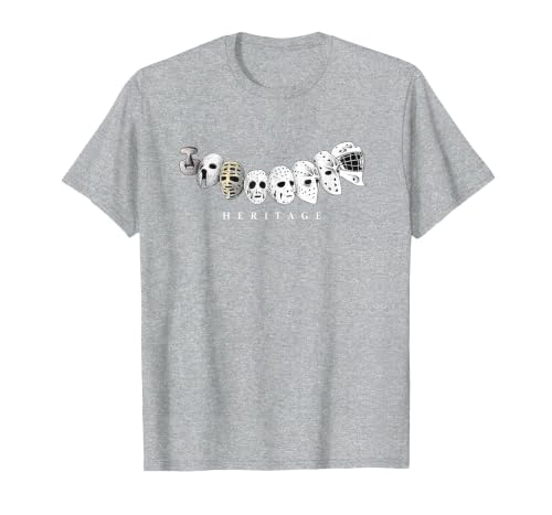 Ice Hockey Goalie Evolution Vintage to Modern Masks T-Shirt, Men, Heather Grey, Large