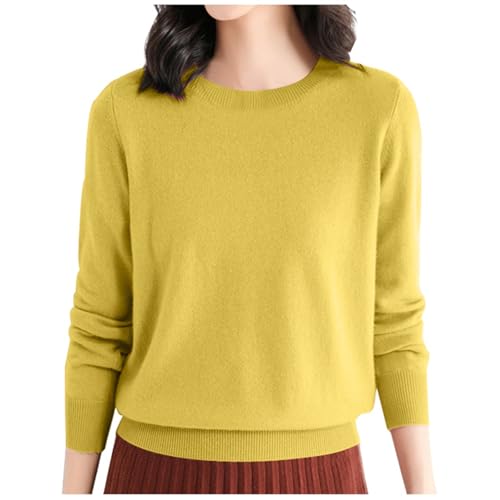 2025 - Camiseta de lana para mujer, cuello redondo, manga larga, camiseta de viaje/senderismo, suéter de lana para mujer, amarillo, M