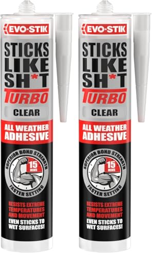 EVO-STIK Sticks Like Sh*t Turbo CLEAR Adhesive - 290ml - All Weather - Fast Setting - Extreme Temperature & Movement Resistant (Pack of 2)