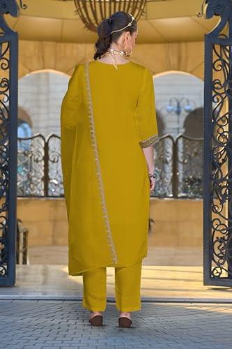 Image of INDO ERA Women's Silk Blend Embroidered Straight Kurta and Pant with Dupatta Set (KH9BK6210)