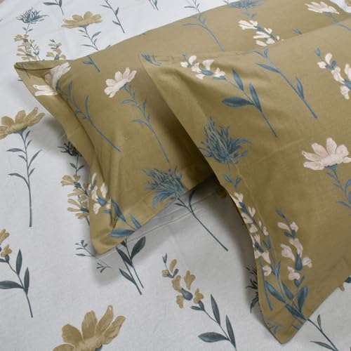 Image of HUESLAND by Ahmedabad Cotton 144 TC Bedsheet for Single Bed with 1 Pillow Cover | White, Olive Green & Grey