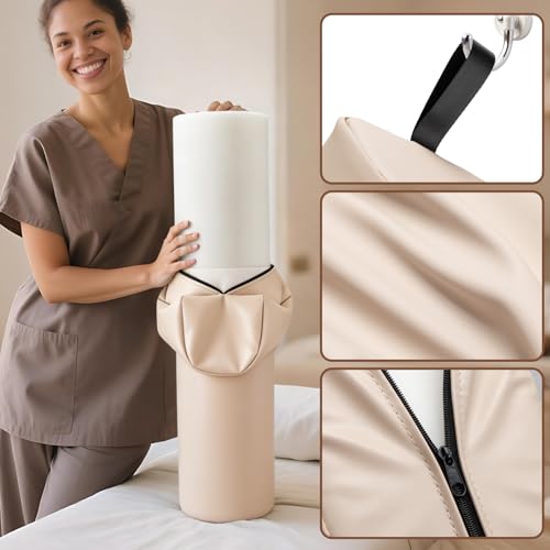 Image of Noverlife 3 /4 Round Knee Bolster for Massage Table, 26x6x6 in Massage Pillow for Legs w /Strap Handle, PU Leather Massage Table Leg Bolster Massage Therapy Bolster Pillow for Back Pain Relief - Beige