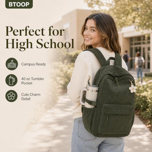 Image of BTOOP School Backpack for Teens Girls, Cute Corduroy Bookbag Lightweight 15.6 inch Laptop Bag for Women, Giant Tumbler Holder Pocket Casual High School College