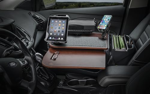 Image of AutoExec AE-GMCD-PI-PS-PM-TAB-21M GripMaster Car Desk for Your Vehicle Workstation and Mobile Office, Mahogany with 400 watt Power Inverter, Printer Stand, Phone Mount and Tablet Mount | 400 Watt Power Inverter, Printer Stand, Phone Mount, Tablet Mount
