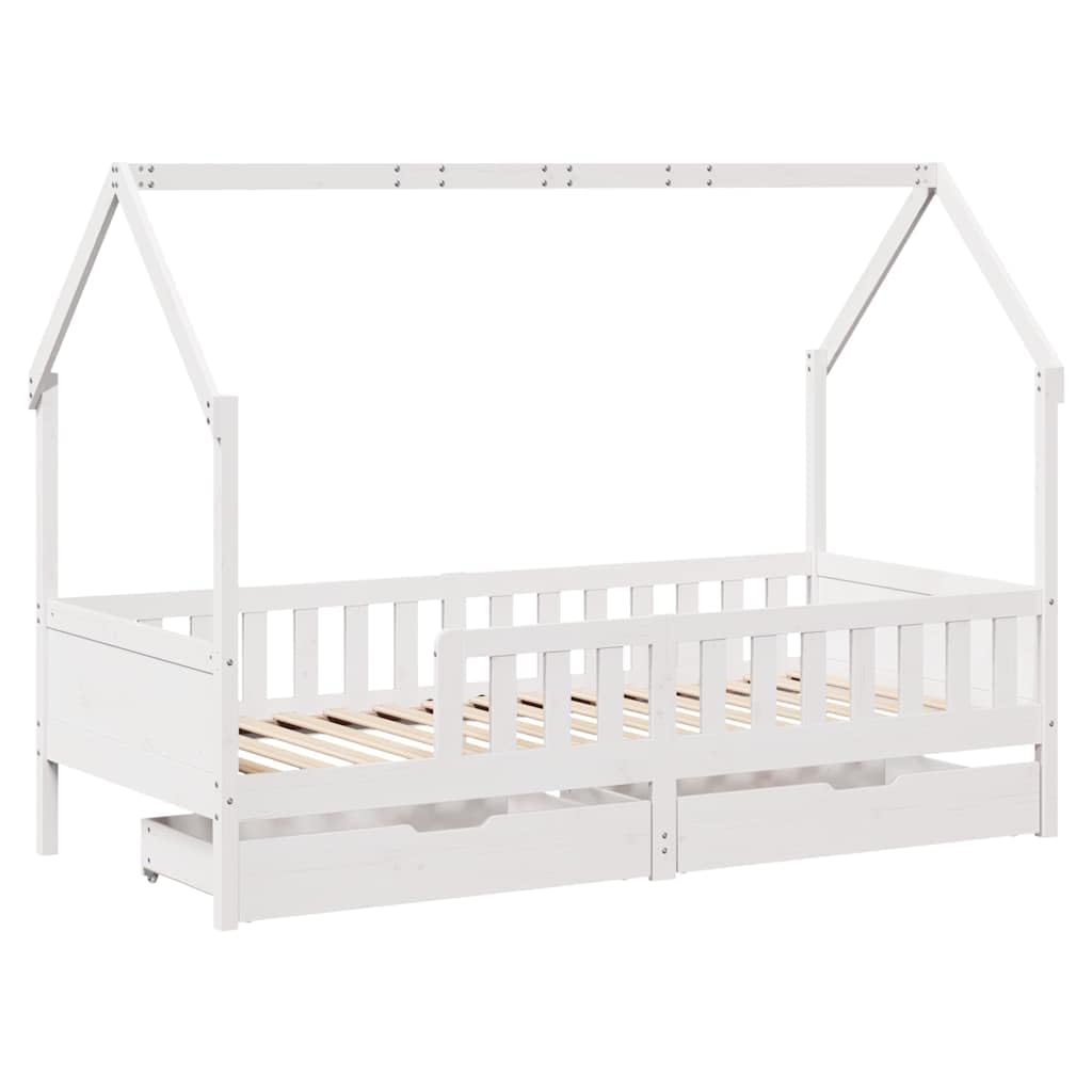 Kinderbett 80x200 cm, Massivholz Kiefer, Weiß, Hausbett mit 2 Schubladen, Betten für Kinder, Jugendbett, Bettgestell mit Stauraum, Plattformbett