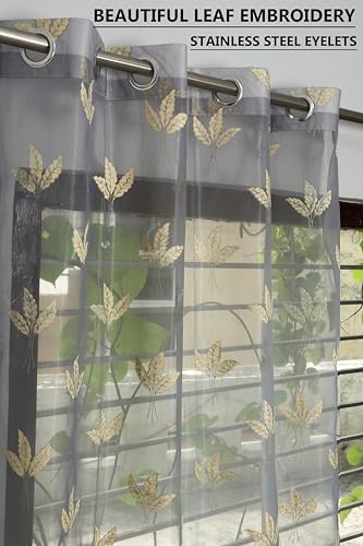 Image of IVAZA Polyester Semi-Transparent Leaf Embroidered Curtain ? Sheer Voile Panel with Eyelets ? Lightweight & Airy ? Ideal for Living Room, Bedroom, Balcony Long Door- 9 Feet (Pack of 2) Grey