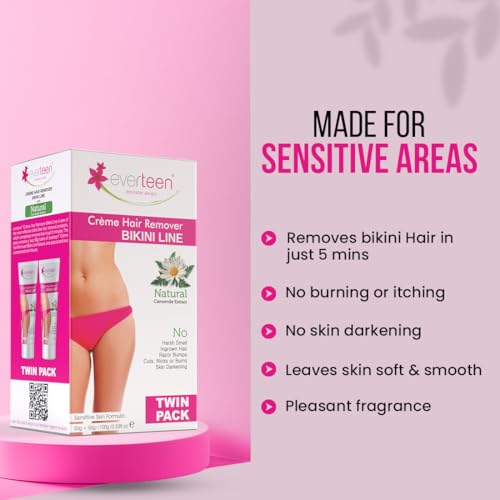 Image of everteen Hair Removal Cream for Women & Girls, Painless Hair Remover Cream for Bikini Line and Underarms, No Harsh Smell, Skin Darkening or Rashes - Twin Pack 50g+50g