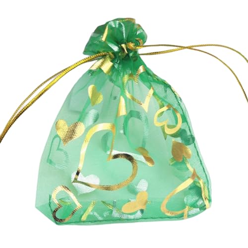 Image of QIANHAILIZZ 100 pcs 3.5 x 4.7 Inch Flower Heart Organza Jewelry Gift Pouch Candy Pouch Drawstring Wedding Favor Bags X92 (green gold heart)
