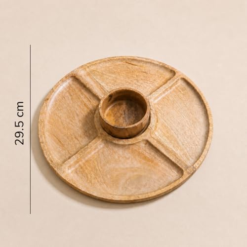 Image of The Earth Store Round Wooden Platter with Bowl (11 Inch) - 5 Partition Snack Serving Tray for Fruits, Snacks, Desserts & Finger Food