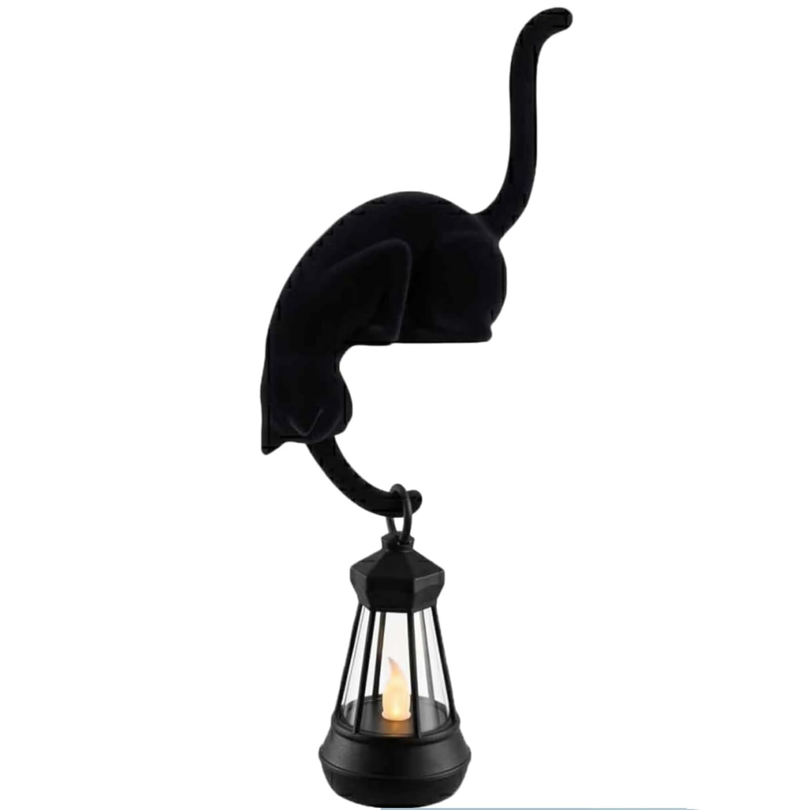 TASBER Cat with Lantern Shelf Decor, Bookshelf Lantern Cat, 3D Printed LED Hanging Cats Figurine, Retro Style Night Light for Porches Patios and Home, Antique Shelf Decor Led for Cats Lovers，Black