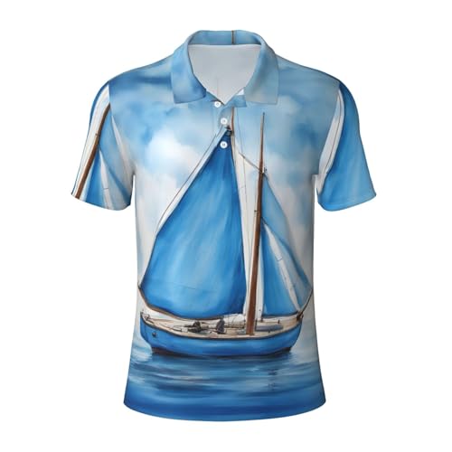Polo respirant bleu style marin imprimé voilier idéal pour vos randonnées et week-ends
