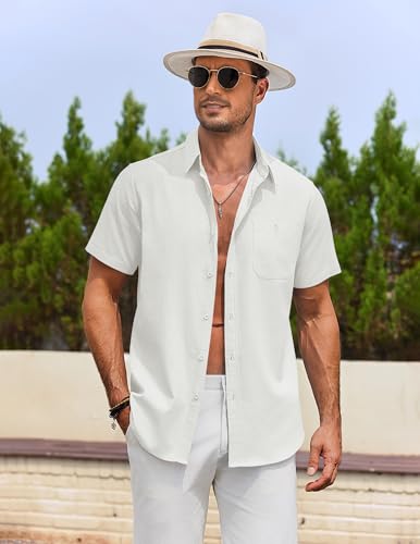 COOFANDY Men's Cotton Linen Shirts Short Sleeve Casual Shirts Summer Button Down Shirt Linen Beach Vacation Shirt3