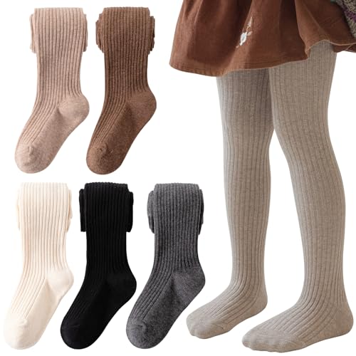 Meeshine Baby Girls Cable Knit Tights Toddler Cotton Footed Leggings Solid Seamless Winter Stocking Pants for Kids,5 Pack