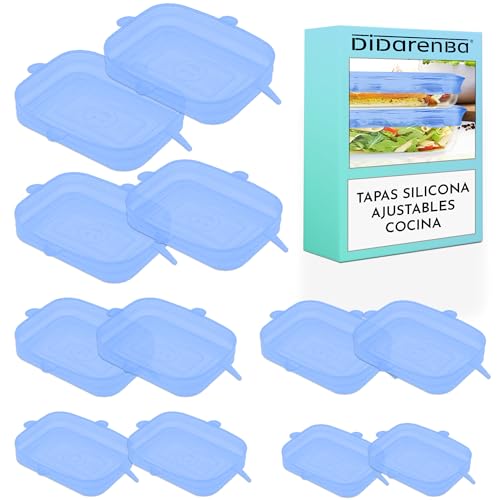 Tapas silicona ajustables cocina 12 piezas rectangulares diferentes tamaños lavables al lavavajillas azul