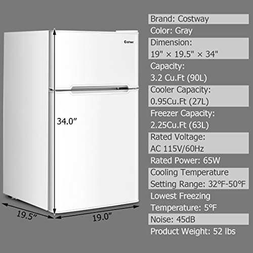 Costway Compact Refrigerator, 3.2 Cu Ft. Unit 2-Door Freezer Cooler Fridge With Reversible Door, Removable Glass Shelves, Mechanical Control, Recessed Handle For Dorm, Office, Apartment (White) #TOP5