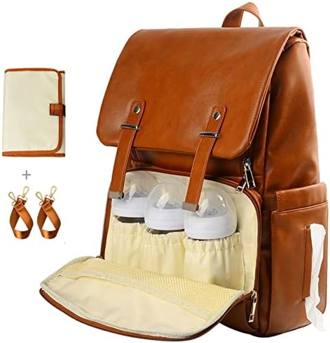KZNI Leather Diaper Bag Backpack, Nappy Bag Baby Bags for Mom Unisex Maternity Diaper Bag with Stroller Hanger|Thermal Pockets|Adjustable Shoulder Straps|Water Proof| LargeCapacity (Brown)