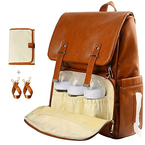 Kzni Leather Diaper Bag Backpack, Nappy Bag Baby Bags For Mom Unisex Maternity Diaper Bag With Stroller Hanger|Thermal Pockets|Adjustable Shoulder Straps|Water Proof| Largecapacity (Brown) #TOP20
