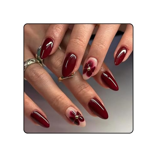 Ruzister 24 flores color burdeos con adorno de diamante, uñas postizas, uñas artificiales adhesivas, set de tips para uñas