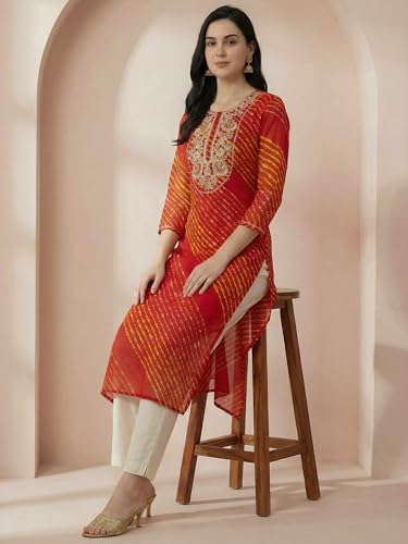 Image of INDO ERA Women's Georgette Leheriya Printed Straight Calf Length Kurtas (IEAI12232)