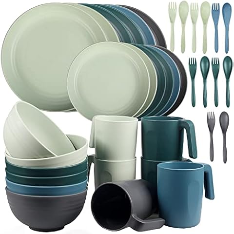 Shopwithgreen Kunststoff-Geschirr-Set - leichtes und unzerbrechliches Geschirr-Set - mikrowellengeeignetes Teller-Set, Schüsseln, Becher für 6 Personen, ideal für Kinder und Erwachsene Cover