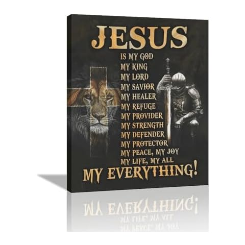 Christian Jesus Wall Art Jesus Lion Cross Warrior Pictures Wall Decor Christ Inspirational Quotes Canvas Painting Print Religious Wall Decoration Artworks Framed for Living Room Bedroom Church 16"x20" Cover