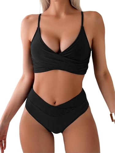 Limeeke Women's High Waisted Bikini Sets V Cut Bottom Two Piece Swimsuit Cross Front Adjustable Strap Bathing Suit