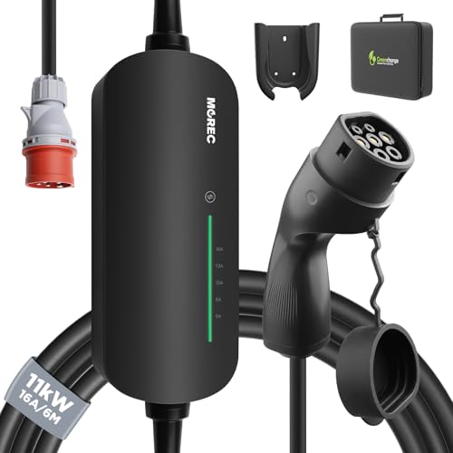 Morec Cable de Carga Tipo 2 16A 11KW 380V, Cargador EV y Estación de Carga Móvil con Enchufe CEE Trifásico, Caja de Pared Móvil EVSE Portátil de 6M para Vehículos Eléctricos con Estuche de Transporte