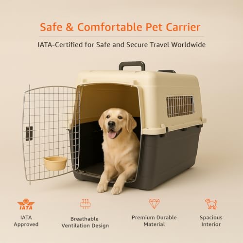 Image of Amazon Basics Heavy Duty Pet Airline Carrier | IATA Approved Large Pet Carrier | Travel Pet Kennel | Suitable for Large Size Dogs | Breathable & Washable | 36 Inches