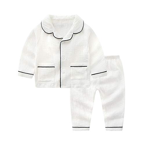 BINIDUCKLING Little Girl Pajama Set Long Sleeve Sleepwear Boy Button Down Pjs Cotton Loungewear White 7T