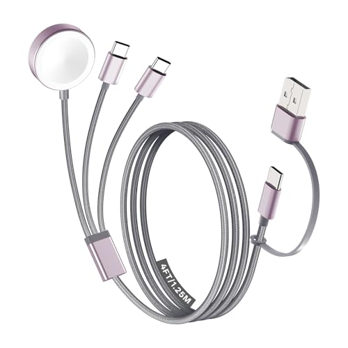 Travel Essentials for Apple Watch Charger, 3 in 2 Dual USB C Multi Charging Cable for iPhone Charger, USB C Cord Compatible with iPhone 17-15 Series/iWatch Ultra/10-1/Galaxy S25-20, iPad-Grey, 4FT
