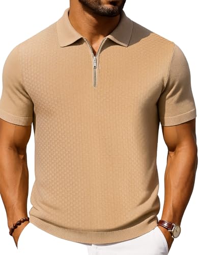 Arber Mens Polo Shirt Beige Zip Collar 100% Cotton Short Sleeve Knit Polo for Men Breathable Summer Shirt Casual Elegant Mens Polo for Daily Wear Office or Golf XX-Large