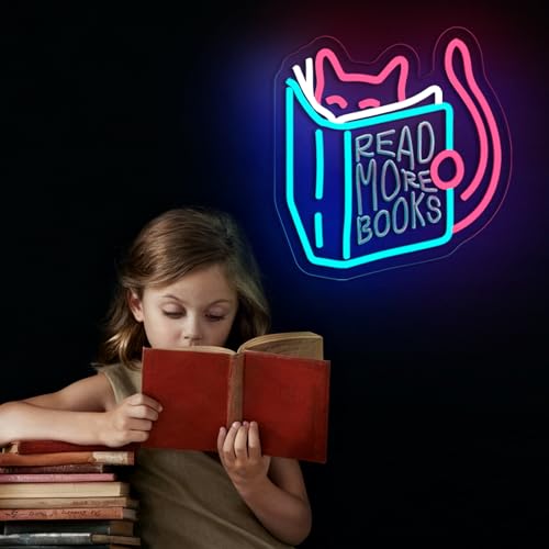 Image of Read More Books Neon Sign Read Books and Be Kind Neon Signs for Wall Decor Cute Animal Reading USB Dimmable LED Lights for Student Suitable for Classroom Bookstore Library Museum Study Room Gift for Teen Boys Girls Christmas