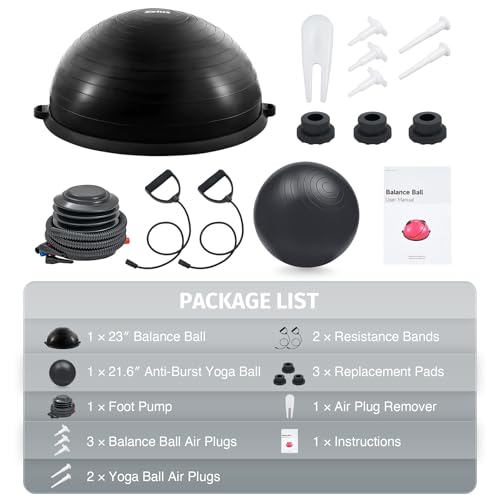 Image of ZELUS Balance Ball Trainer with Resistance Bands & Foot Pump, Inflatable Yoga Ball for Home Gym Workouts, 23 Inch Exercise Half Ball for Balance Training Core Strength Fitness, 330lb Cap (Black)