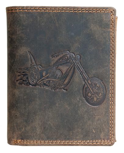 FLW Cartera de piel para hombre con estampado de motocicleta, protección RFID, 11 ranuras para tarjetas, monedero y bolsillo con cremallera, compacto 9,5 x 12,3 cm