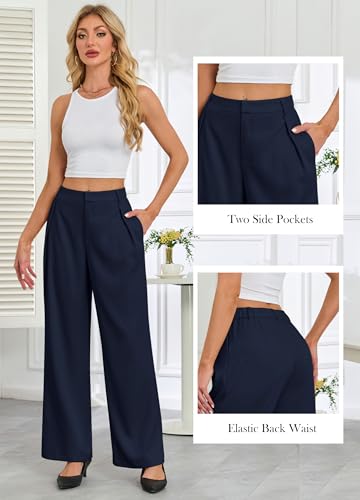 Gracyoga Wide Leg Pants for Woman Summer Trendy Business Work Pants Casual High Rise Trousers Comfy Dressy Slacks with Pockets Navy Blue M3