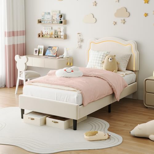 Image of GarveeHome Twin Upholstered Smart LED Bed Frame with Headboard, Velvet Princess Platform Bed Frame for Kids, Wooden Slats Support, No Box Spring Needed (Beige)