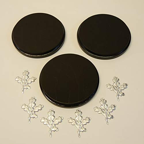 GTK - Geweihe & Trophäen KRUMHOLZ 3 x Keilerschilder Keilerbrett Gewaffbrett Trophäenschild rund dunkel AF 13 cm mit 6 Stück Aluminium Eichenlaub Deckblatt