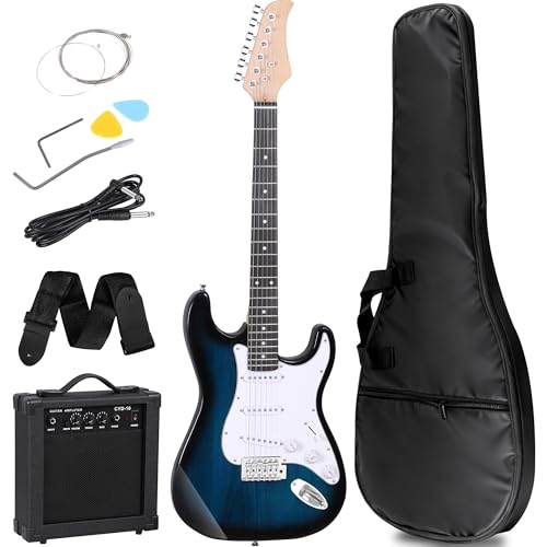 JupiterForce Guitarra eléctrica de tamaño completo de 39 pulgadas con amplificador, correa ajustable, cuerdas y paquete de accesorios, kit de guitarra principiante para adultos/niños, azul