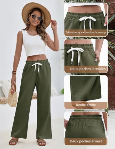 Fashora Pantalon Femme Été Fluide Pantalons Taille Haute Elastique Pantalons Décontractés Ample Droites Longueur Palazzo Pants Léger Chic et Elegant avec Cordon Poches (Vert, L) – vue 5