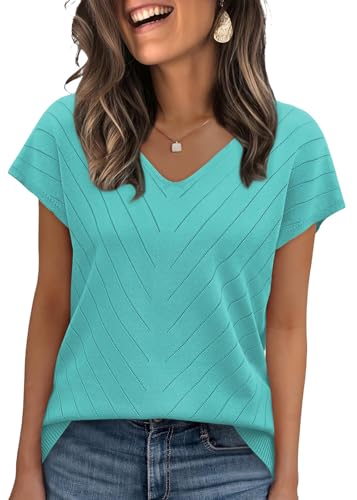Image of WIHOLL Short Sleeve Sweater for Women V Neck Trendy Summer Tops 2026 Beach Vacation Clothes Travel Business Casual Outfits