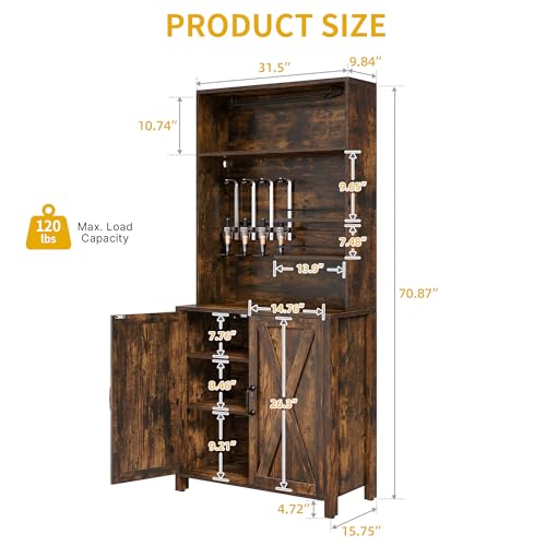 DWVO Farmhouse Bar Cabinet w/LED Lights, 71" Liquor Cabinet for Glasses, Tall Wine Bar Cabinet w/ 4-Bottle Liquor Dispenser & Wine Rack, Kitchen Storage Cabinet for Living Room, Rustic Brown