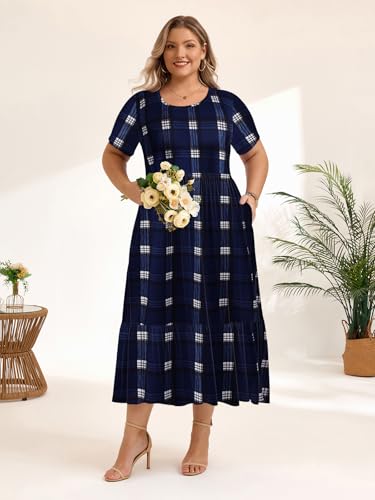 Image of LARACE Plus Size Dresses for Women Summer Casual Short Sleeve Long Dress Flowy Maxi Beach Dresses with Pockets L-6XL