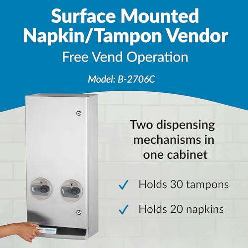 Image of Bobrick Napkin and Tampon Dispenser, Free Vend, Surface-Mounted, ADA Compliant, Stainless Steel, Satin Finish Holds 30 Tampons & 20 Napkins Push-Button Operation Easy Access Adjustable Coin Settings